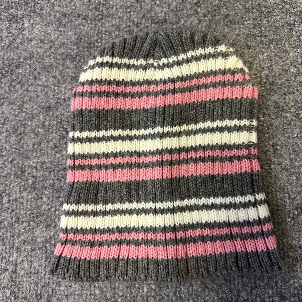 Gold Beanie Womens Size OS Gray Pink Striped Ribbed Knit Winter Hat Casual